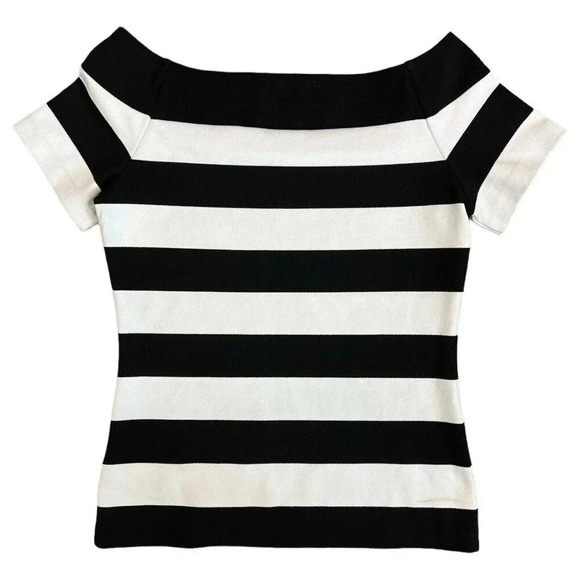 MICHAEL KORS Thick Stretch Off Shoulder Blouse Black White Striped Size Small - Picture 6 of 8